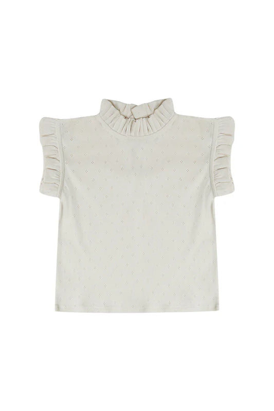 Pointelle Top mit Rüschenstehkragen - beige