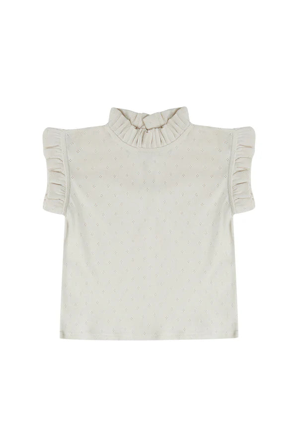 Pointelle Top mit Rüschenstehkragen - beige